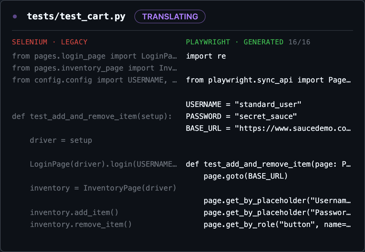 Live translation stream: Selenium source on the left, generated Playwright appearing line by line on the right